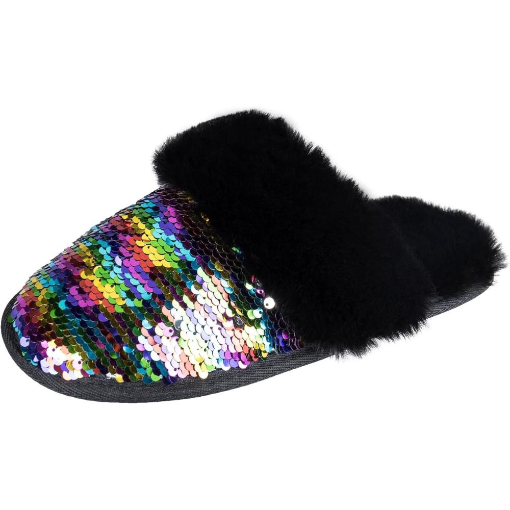 imageJessica Simpson womens Comfy Faux Fur House Slipper Scuff Memory Foam Slip on Antiskid SoleSlipperMulticolor Sequin