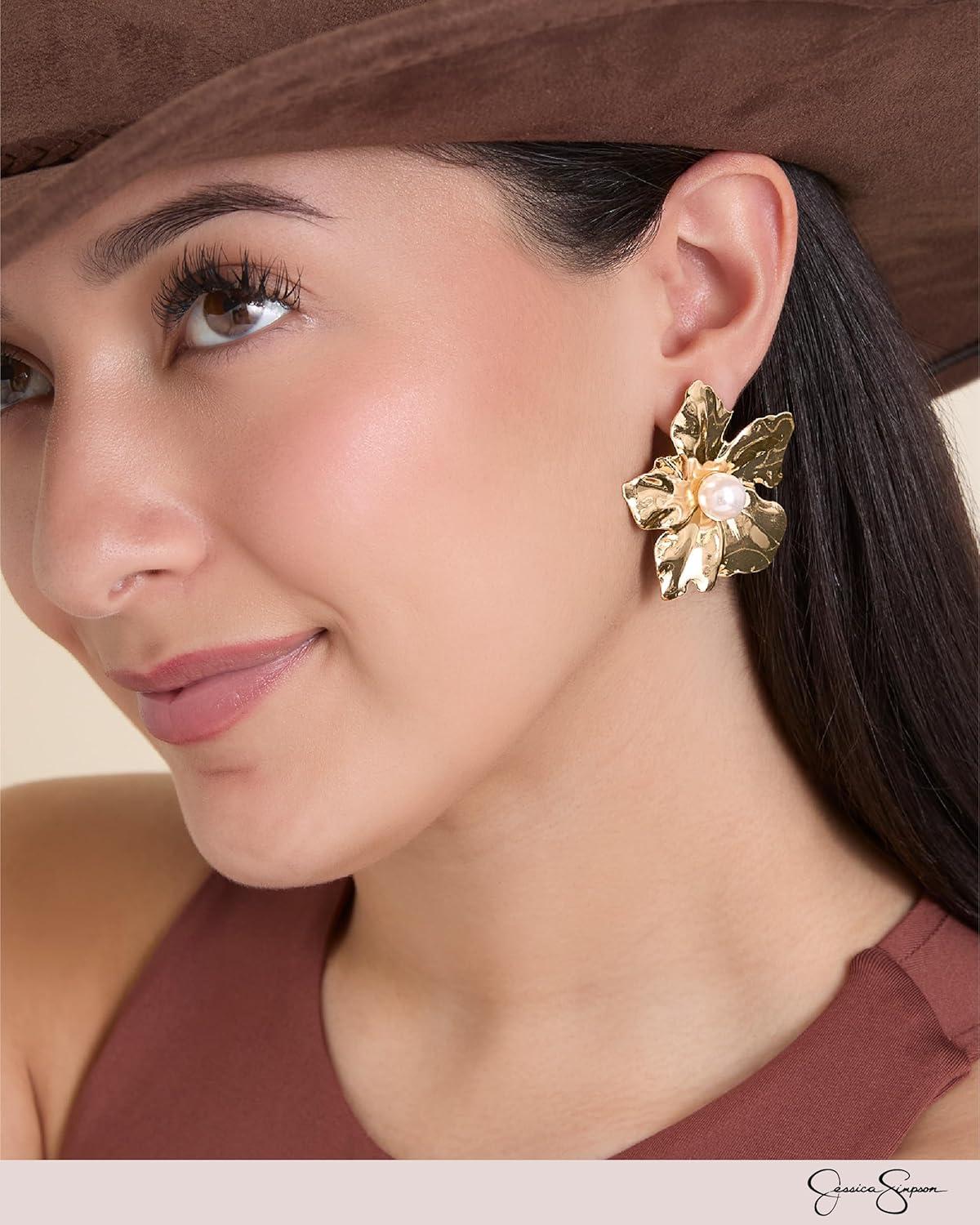 imageJessica Simpson GoldTone Flower Earrings for Women with Pearl Accent Flower Stud Earrings Womens Studs GoldTone