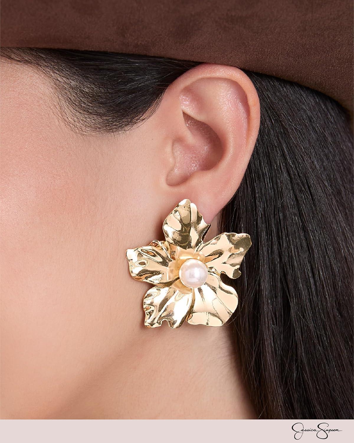 imageJessica Simpson GoldTone Flower Earrings for Women with Pearl Accent Flower Stud Earrings Womens Studs GoldTone