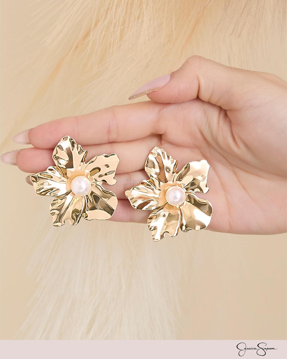 imageJessica Simpson GoldTone Flower Earrings for Women with Pearl Accent Flower Stud Earrings Womens Studs GoldTone