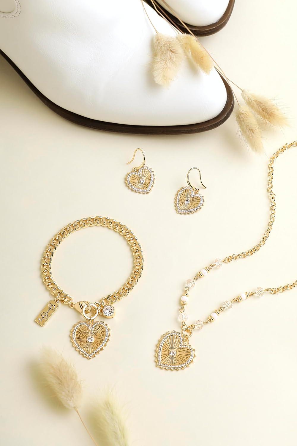 imageJessica Simpson Womens Heart Drop Earrings GoldTone Heart Earrings with Rhinestones