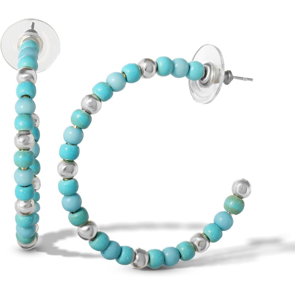 imageJessica Simpson Womens Turquoise Bead Hoop Earrings  GoldTone or SilverTone Turquoise Hoop EarringsSilver