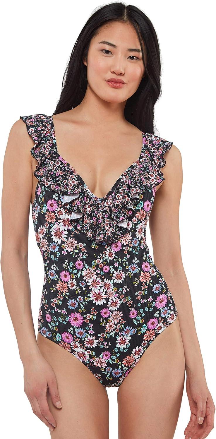 imageJessica Simpson Womens V Neck One Piece Swimsuit Bathing SuitBlack Multi