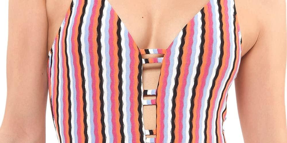 imageJessica Simpson Womens V Neck One Piece Swimsuit Bathing SuitGroovy Stripe