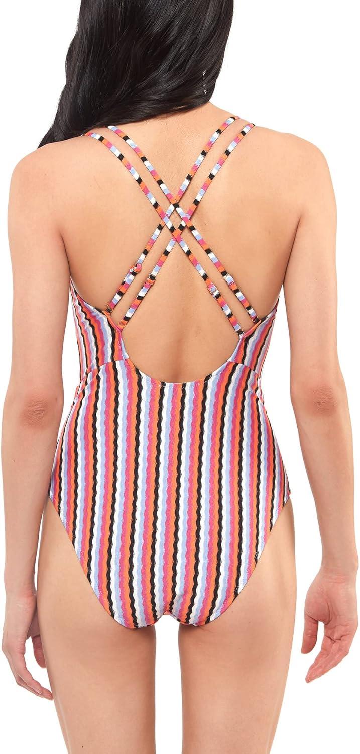 imageJessica Simpson Womens V Neck One Piece Swimsuit Bathing SuitGroovy Stripe
