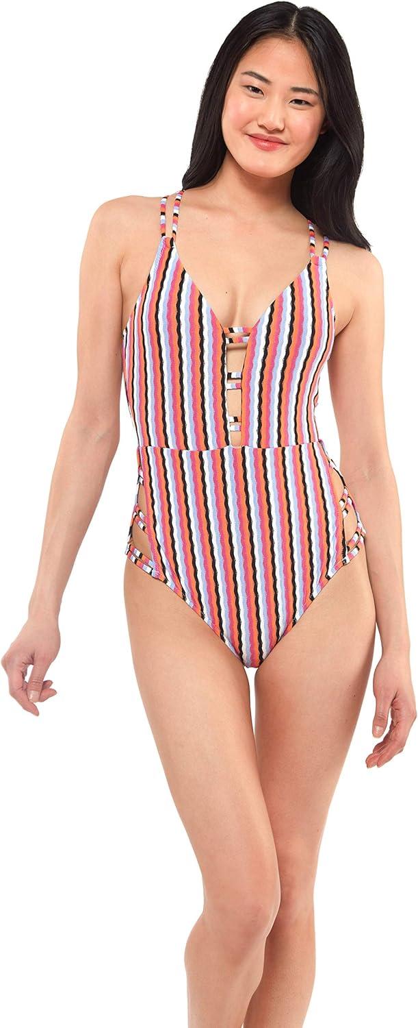 imageJessica Simpson Womens V Neck One Piece Swimsuit Bathing SuitGroovy Stripe