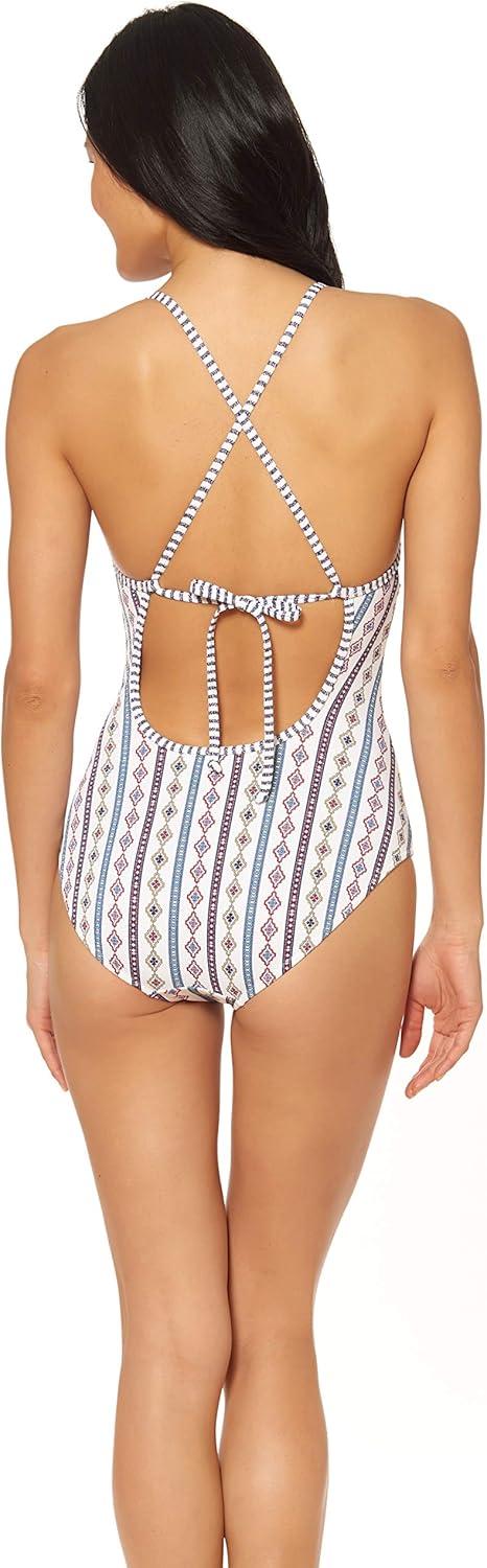 imageJessica Simpson Womens V Neck One Piece Swimsuit Bathing SuitMorroccan Stripe White
