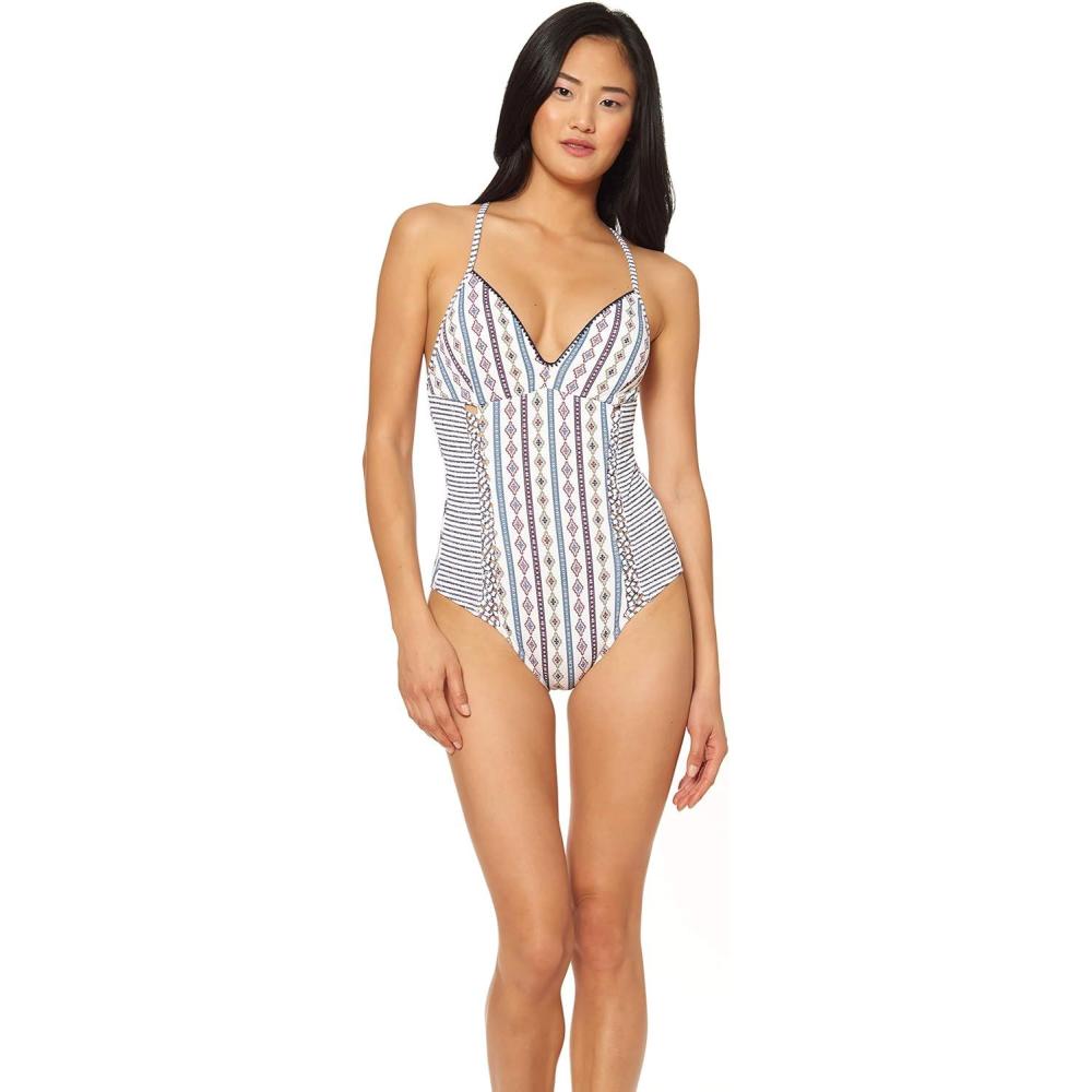 imageJessica Simpson Womens V Neck One Piece Swimsuit Bathing SuitMorroccan Stripe White