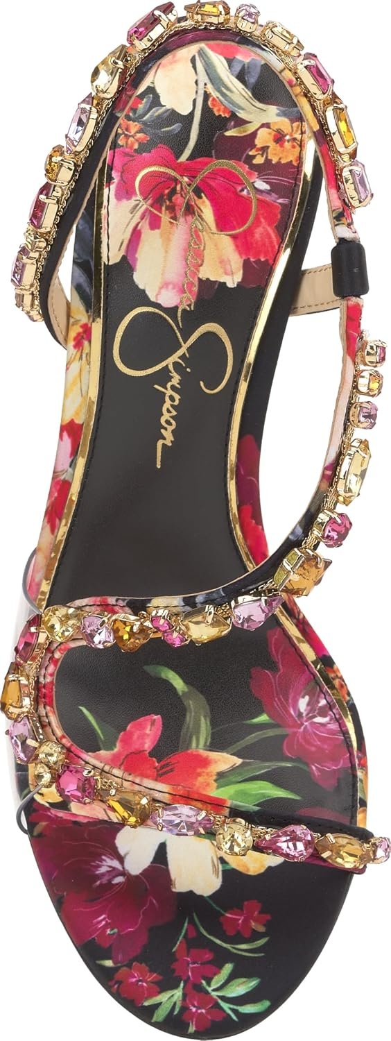 image:imageJessica Simpson Jaycin Embellished Heeled SandalsBlack Combo Blossom Burst Print