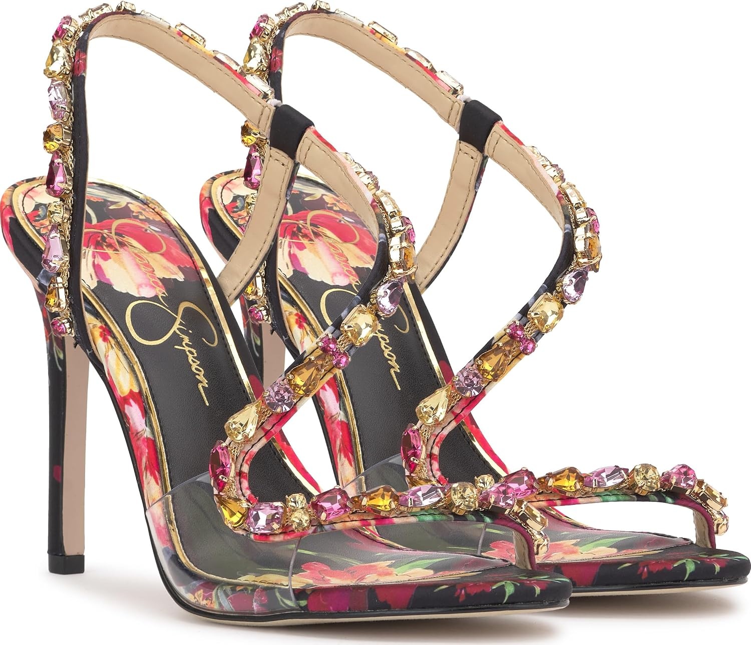 image:imageJessica Simpson Jaycin Embellished Heeled SandalsBlack Combo Blossom Burst Print