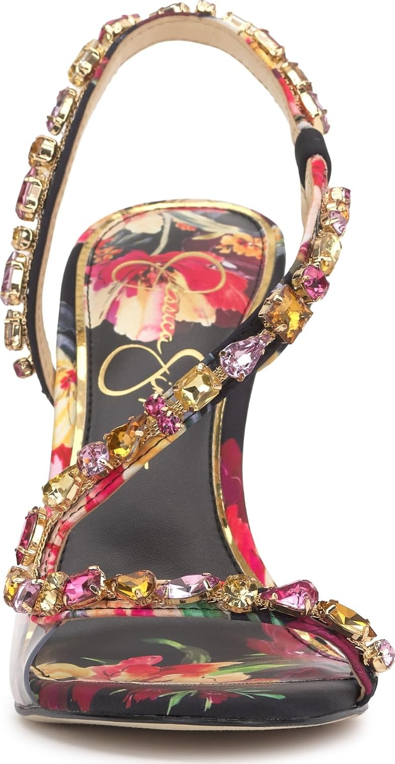 image:imageJessica Simpson Jaycin Embellished Heeled SandalsBlack Combo Blossom Burst Print