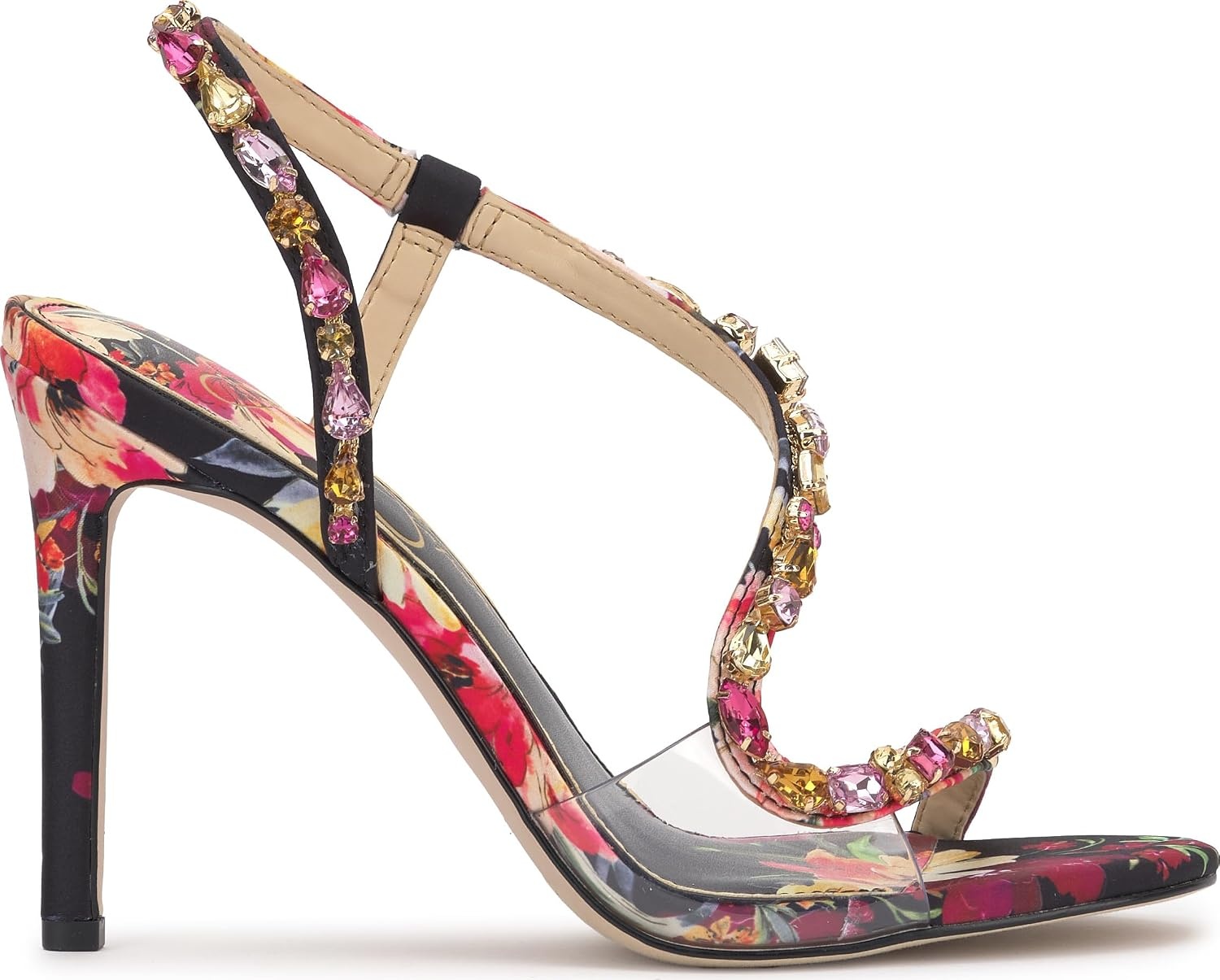 image:imageJessica Simpson Jaycin Embellished Heeled SandalsBlack Combo Blossom Burst Print