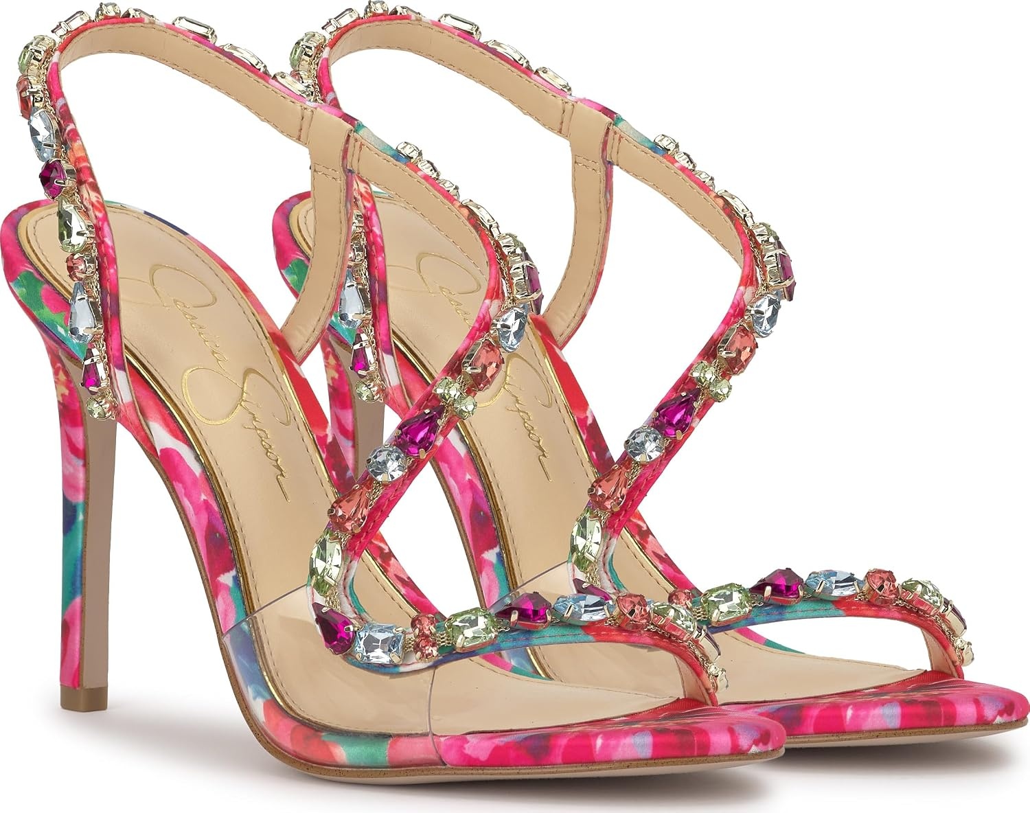 image:imageJessica Simpson Jaycin Embellished Heeled SandalsBright White Painted Petals Printed Satin