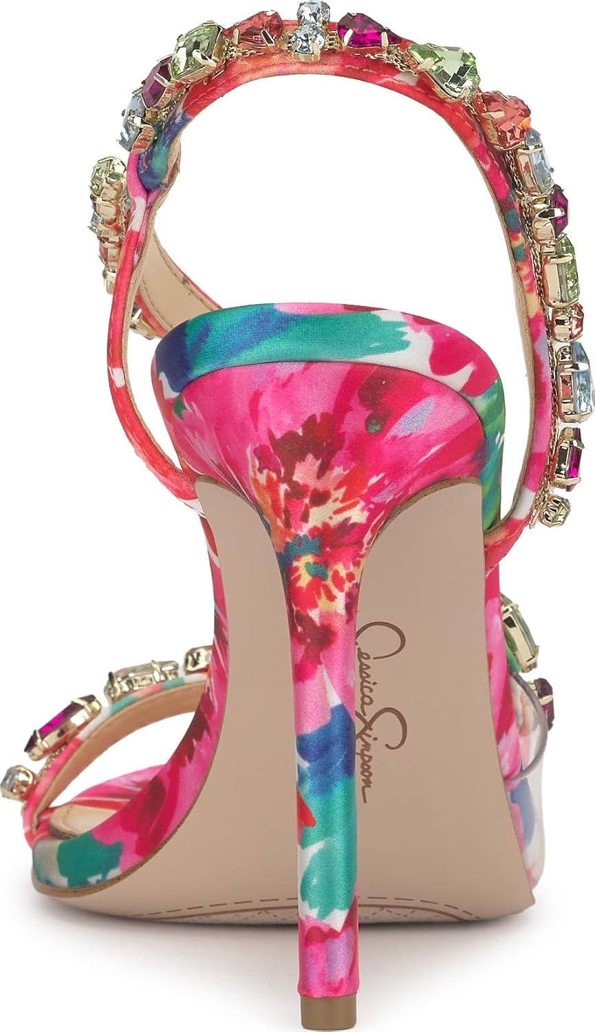 image:imageJessica Simpson Jaycin Embellished Heeled SandalsBright White Painted Petals Printed Satin