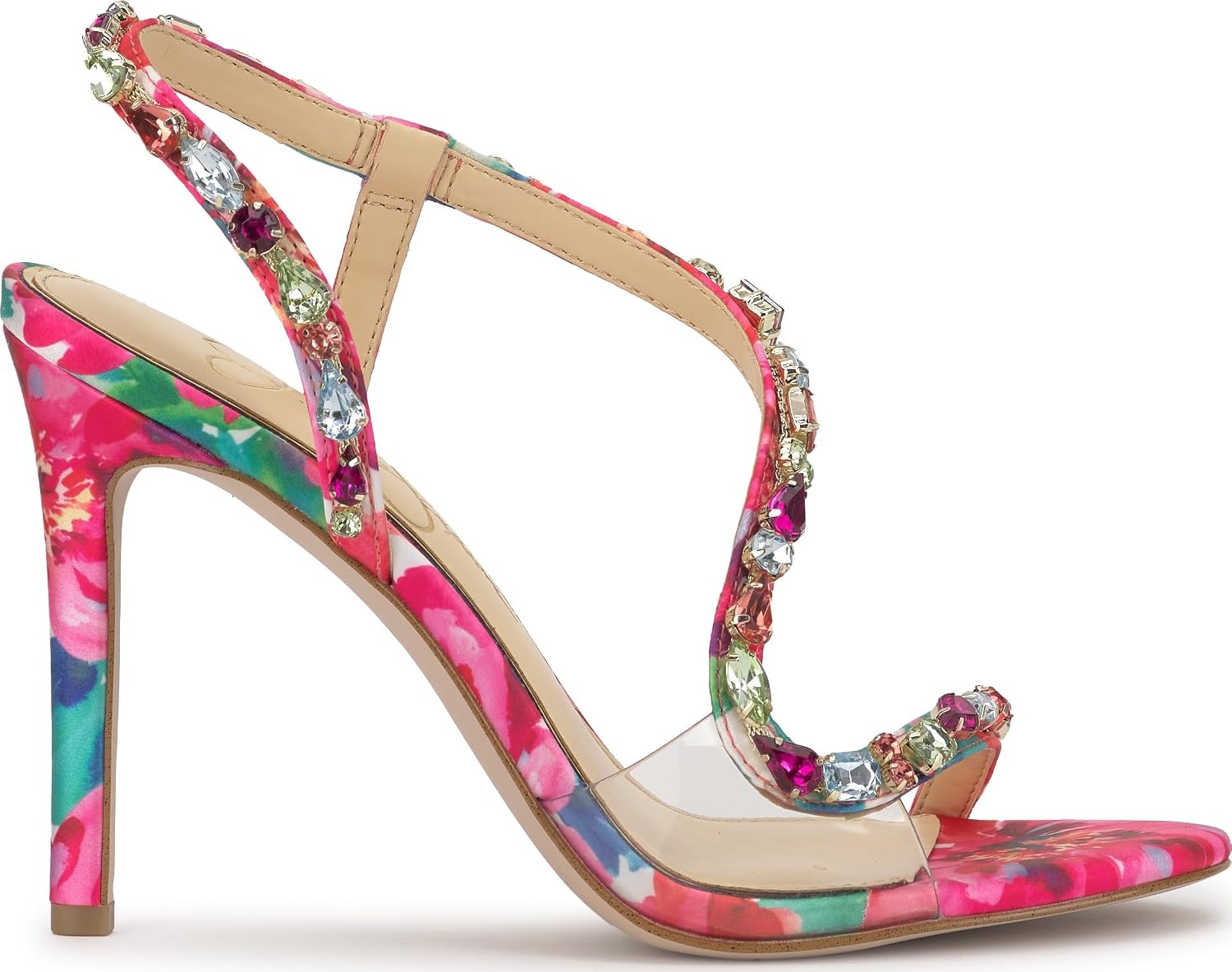 image:imageJessica Simpson Jaycin Embellished Heeled SandalsBright White Painted Petals Printed Satin