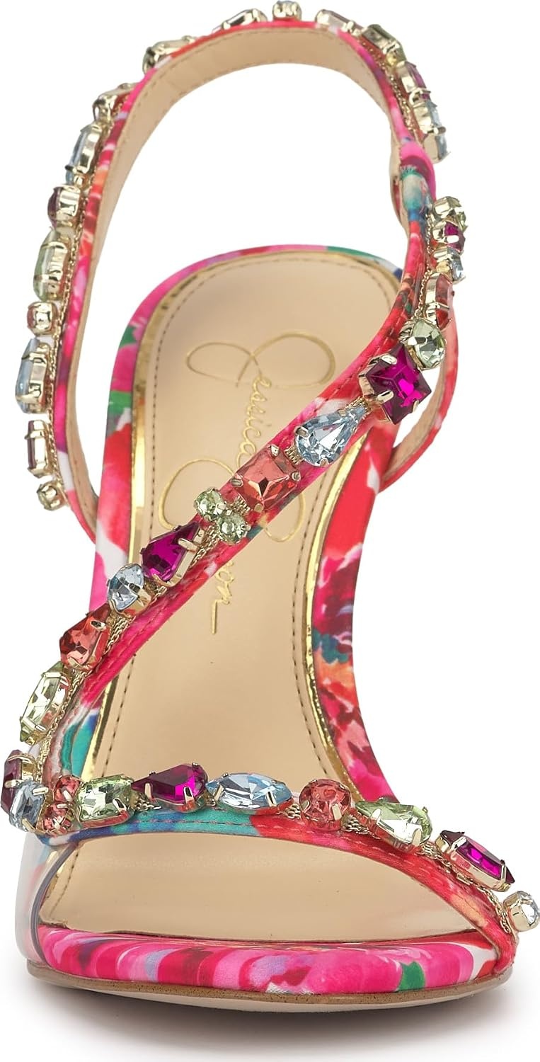 image:imageJessica Simpson Jaycin Embellished Heeled SandalsBright White Painted Petals Printed Satin