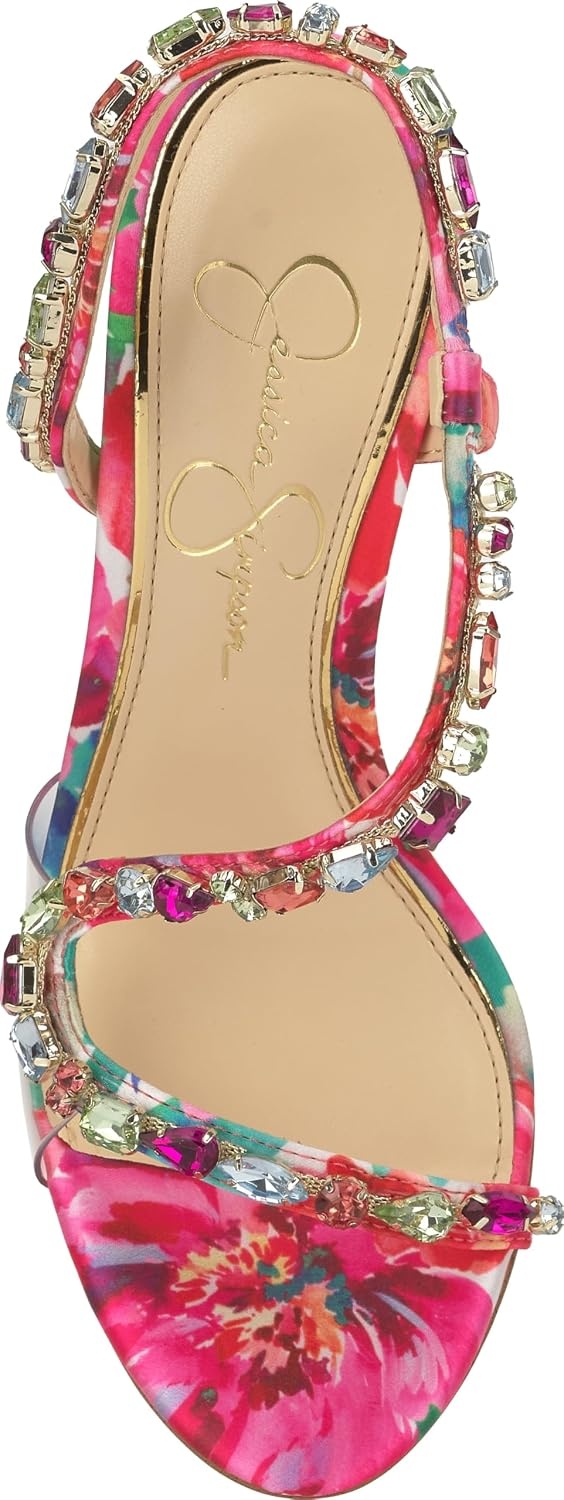image:imageJessica Simpson Jaycin Embellished Heeled SandalsBright White Painted Petals Printed Satin