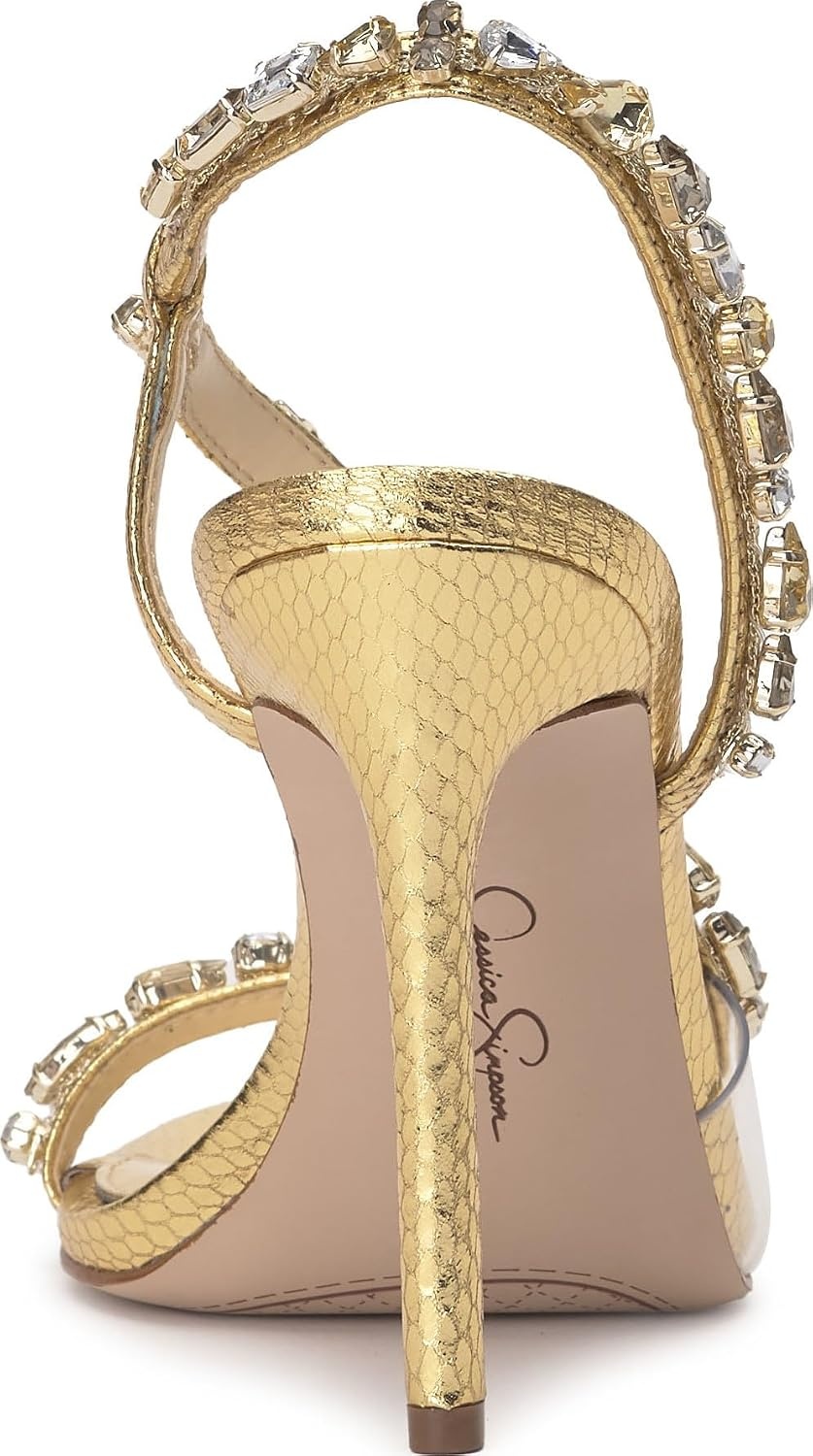 image:imageJessica Simpson Jaycin Embellished Heeled SandalsGold Metallic Snake Print