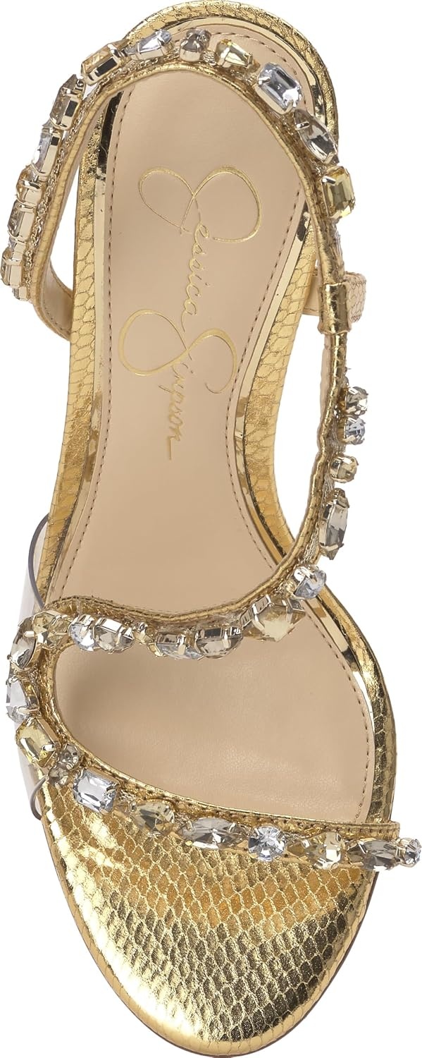 image:imageJessica Simpson Jaycin Embellished Heeled SandalsGold Metallic Snake Print