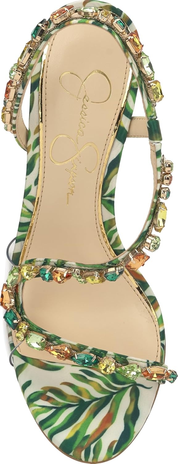 image:imageJessica Simpson Jaycin Embellished Heeled SandalsGreen Multi Jungle Jacquard