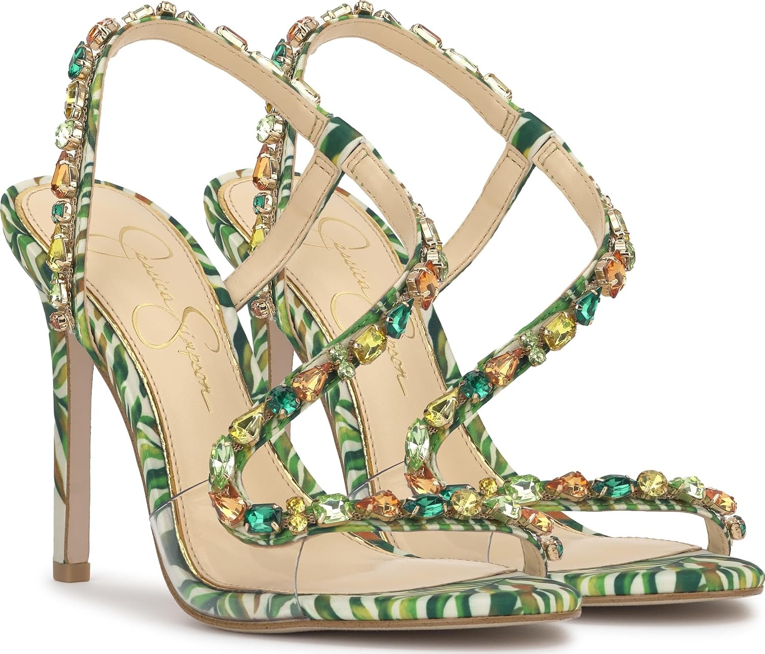 image:imageJessica Simpson Jaycin Embellished Heeled SandalsGreen Multi Jungle Jacquard
