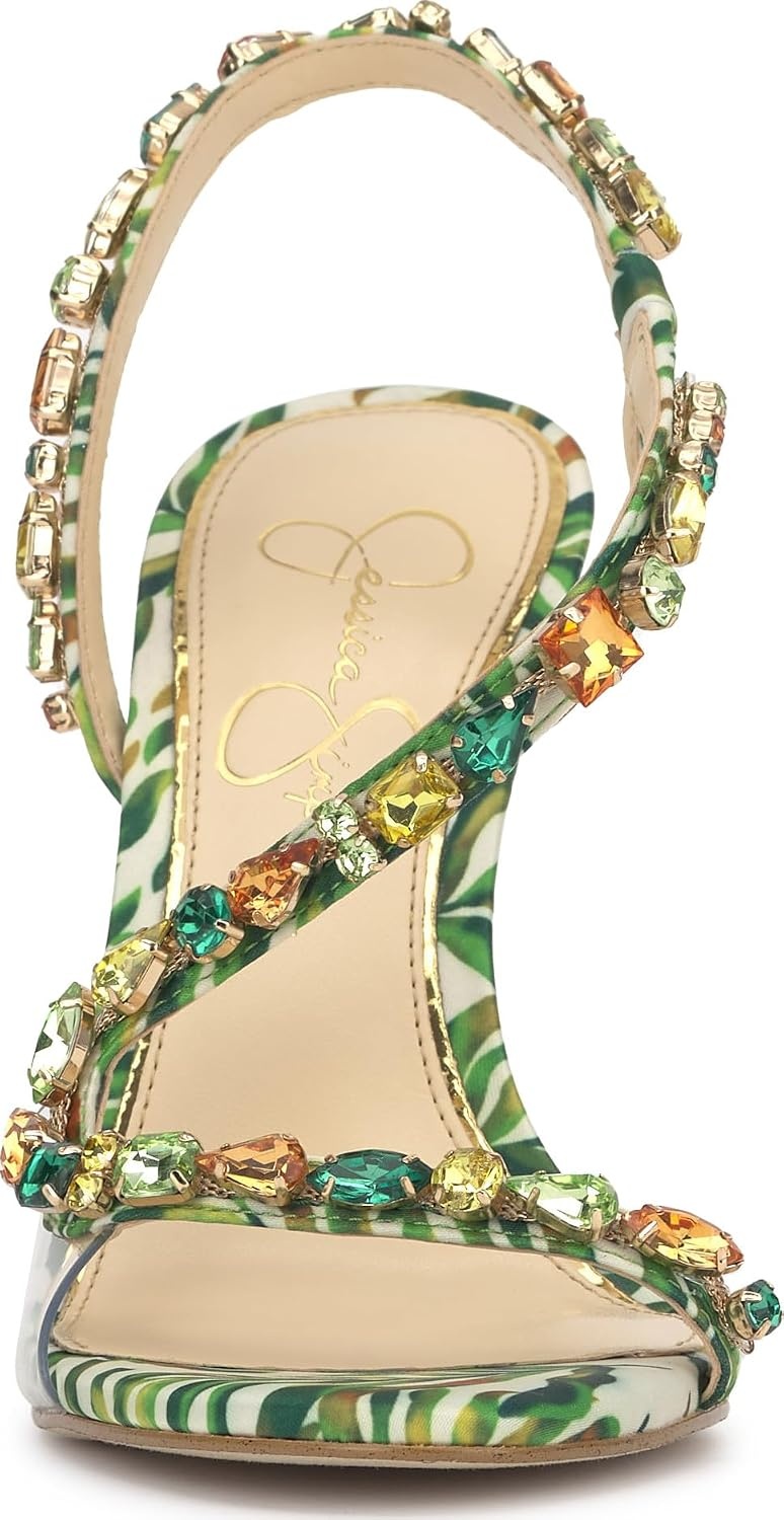 image:imageJessica Simpson Jaycin Embellished Heeled SandalsGreen Multi Jungle Jacquard