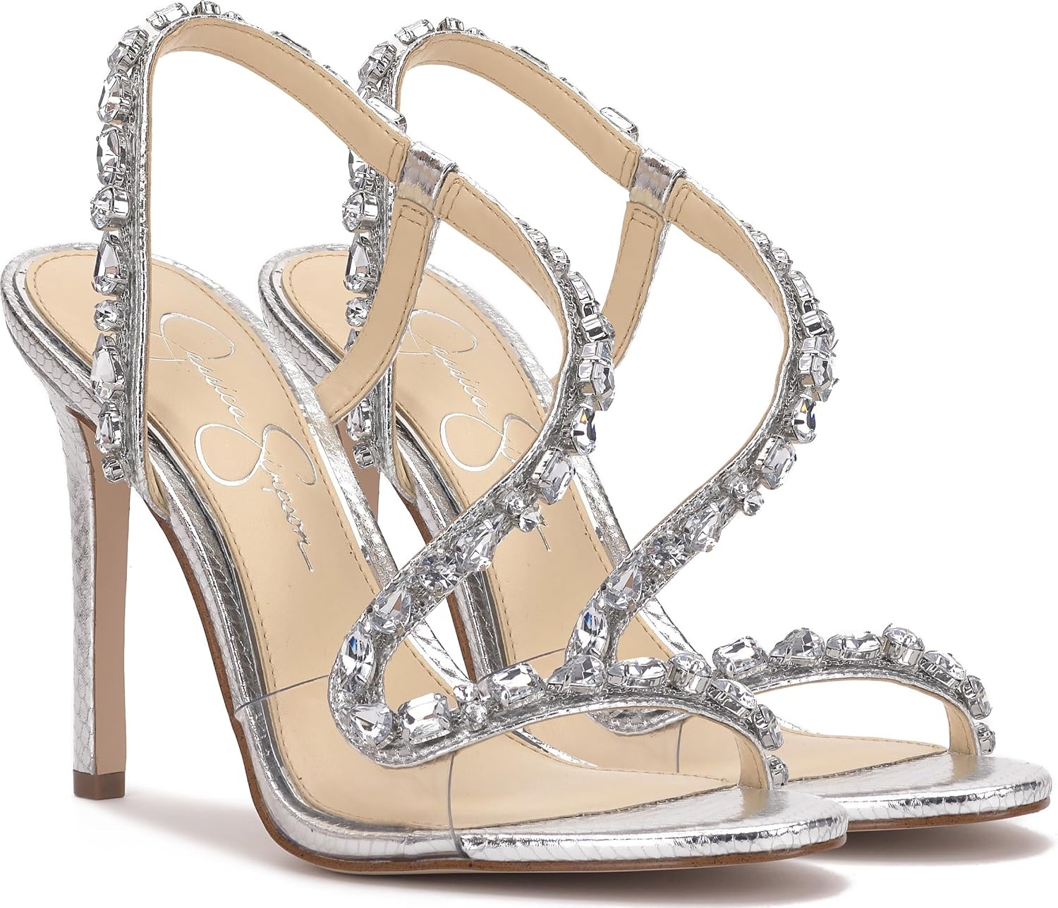 image:imageJessica Simpson Jaycin Embellished Heeled SandalsSilver Metallic Snake Print