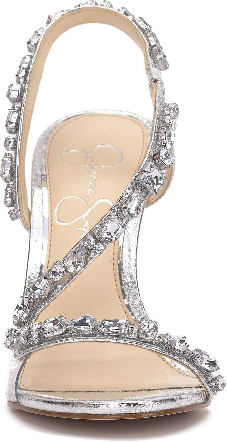 image:imageJessica Simpson Jaycin Embellished Heeled SandalsSilver Metallic Snake Print