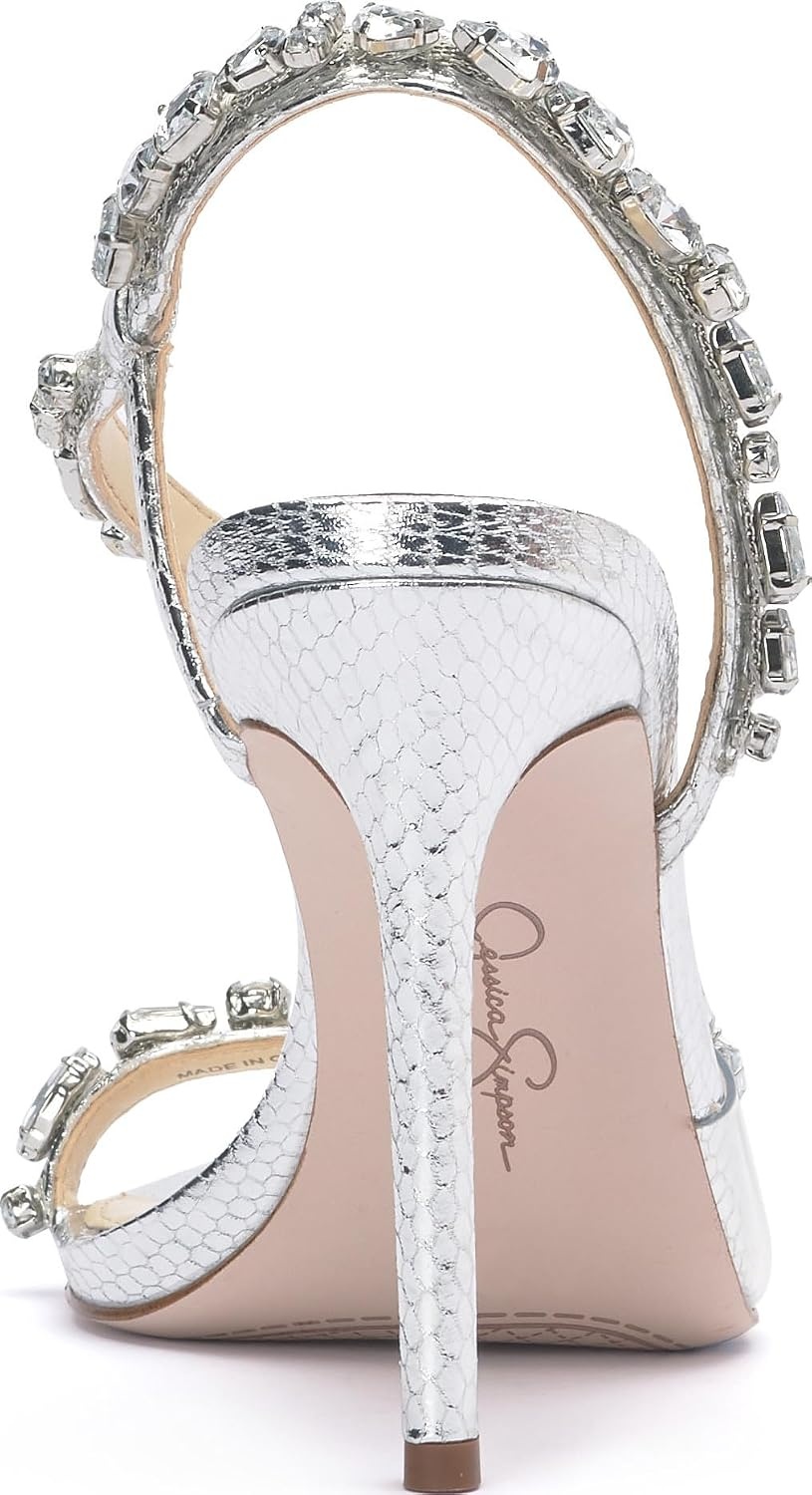 image:imageJessica Simpson Jaycin Embellished Heeled SandalsSilverClear Metallic Snake Print