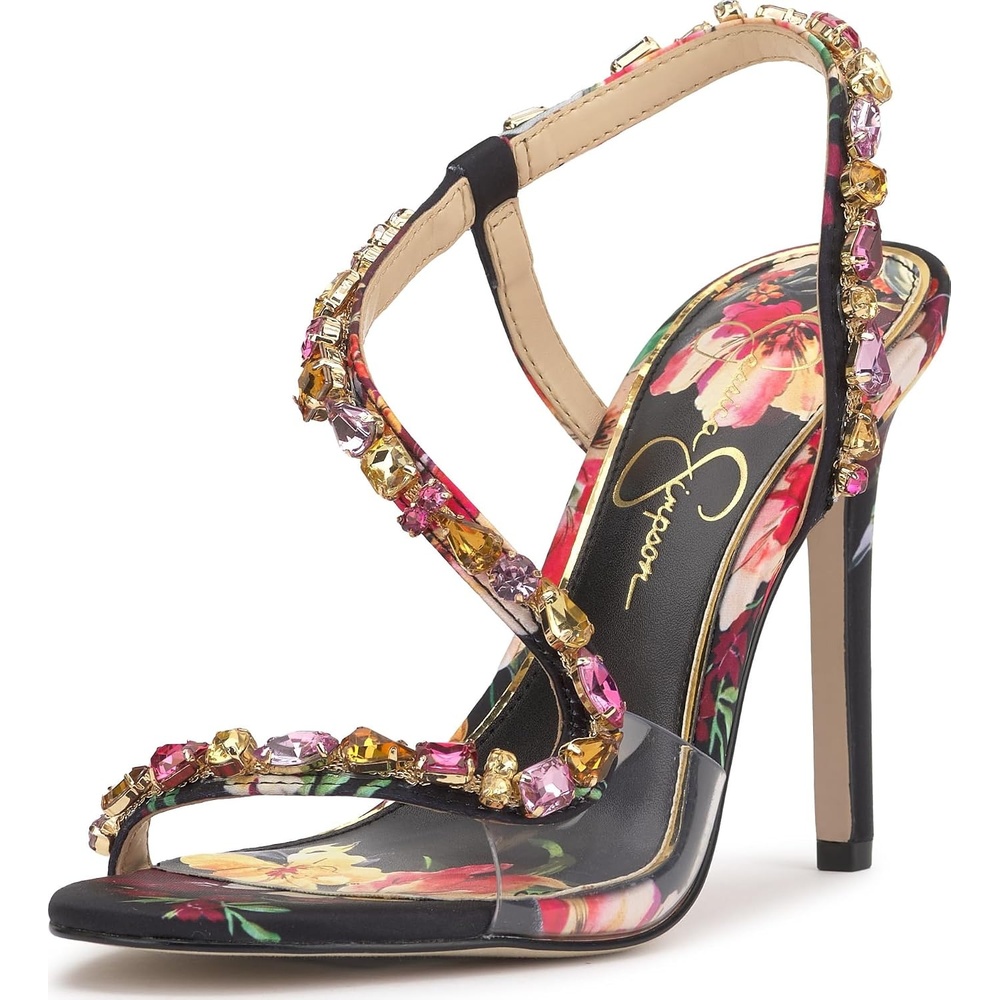 image:imageJessica Simpson Jaycin Embellished Heeled SandalsBlack Combo Blossom Burst Print