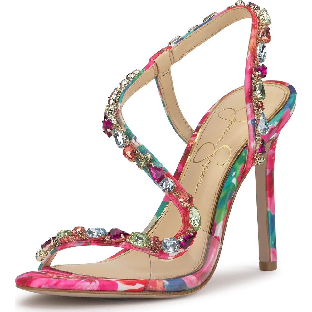 image:imageJessica Simpson Jaycin Embellished Heeled SandalsBright White Painted Petals Printed Satin