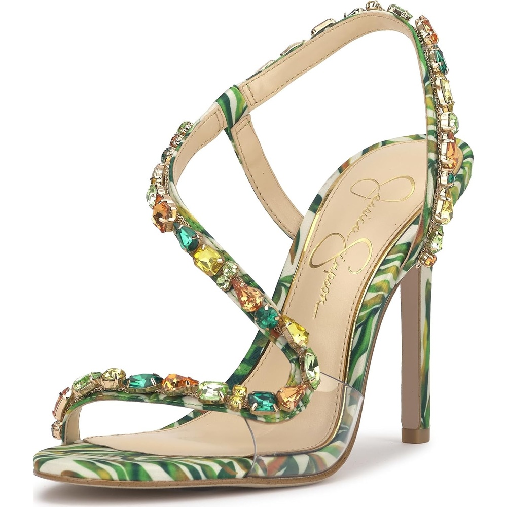 image:imageJessica Simpson Jaycin Embellished Heeled SandalsGreen Multi Jungle Jacquard