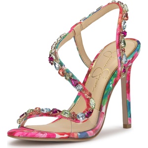 Jessica Simpson Jaycin Embellished Heeled Sandals(Bright White Painted Petals Printed Satin)