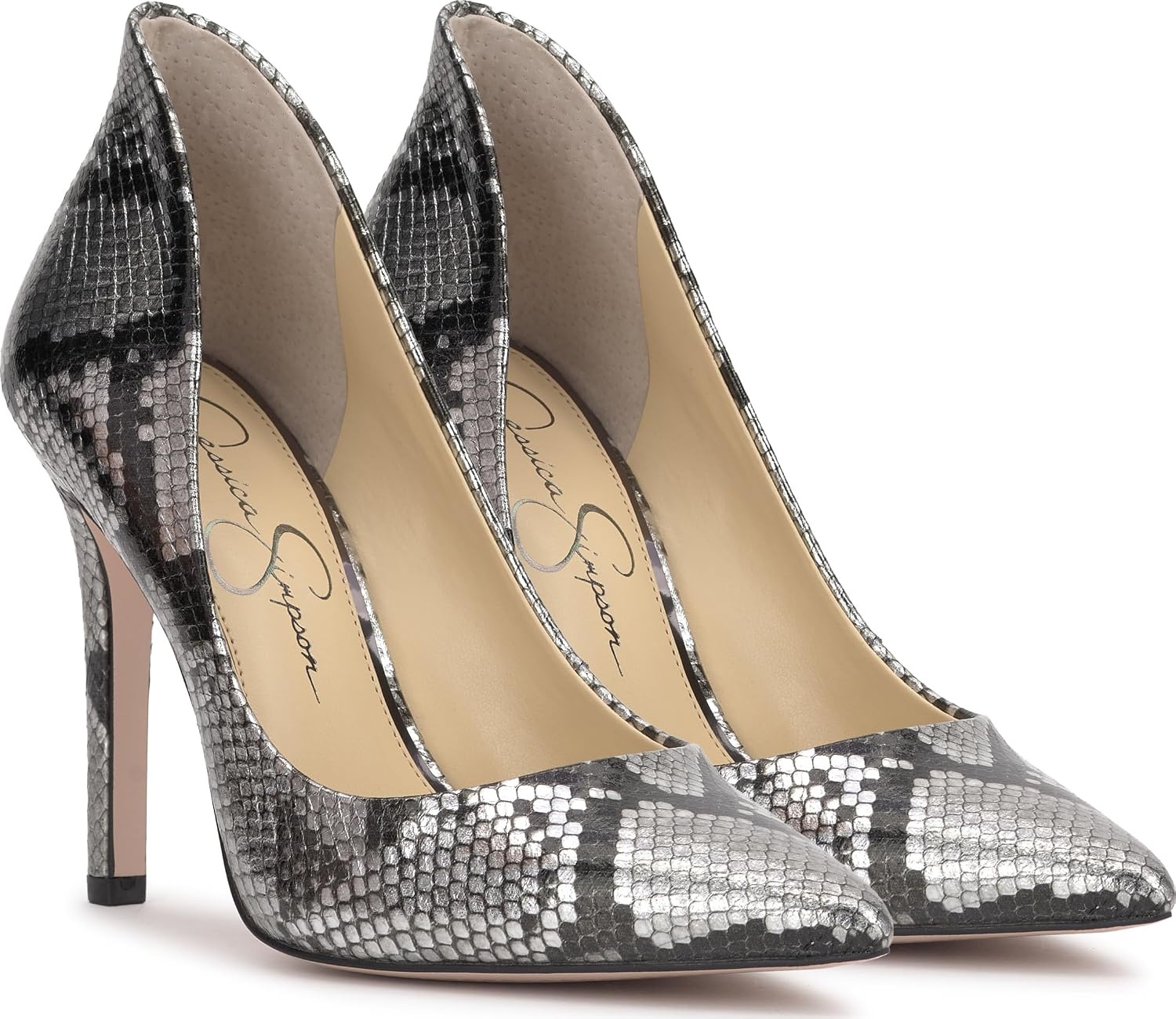 image:imageJessica Simpson Womens Cambredge Pointed Toe Pump Dress Black 75Chrome Metallic Snake