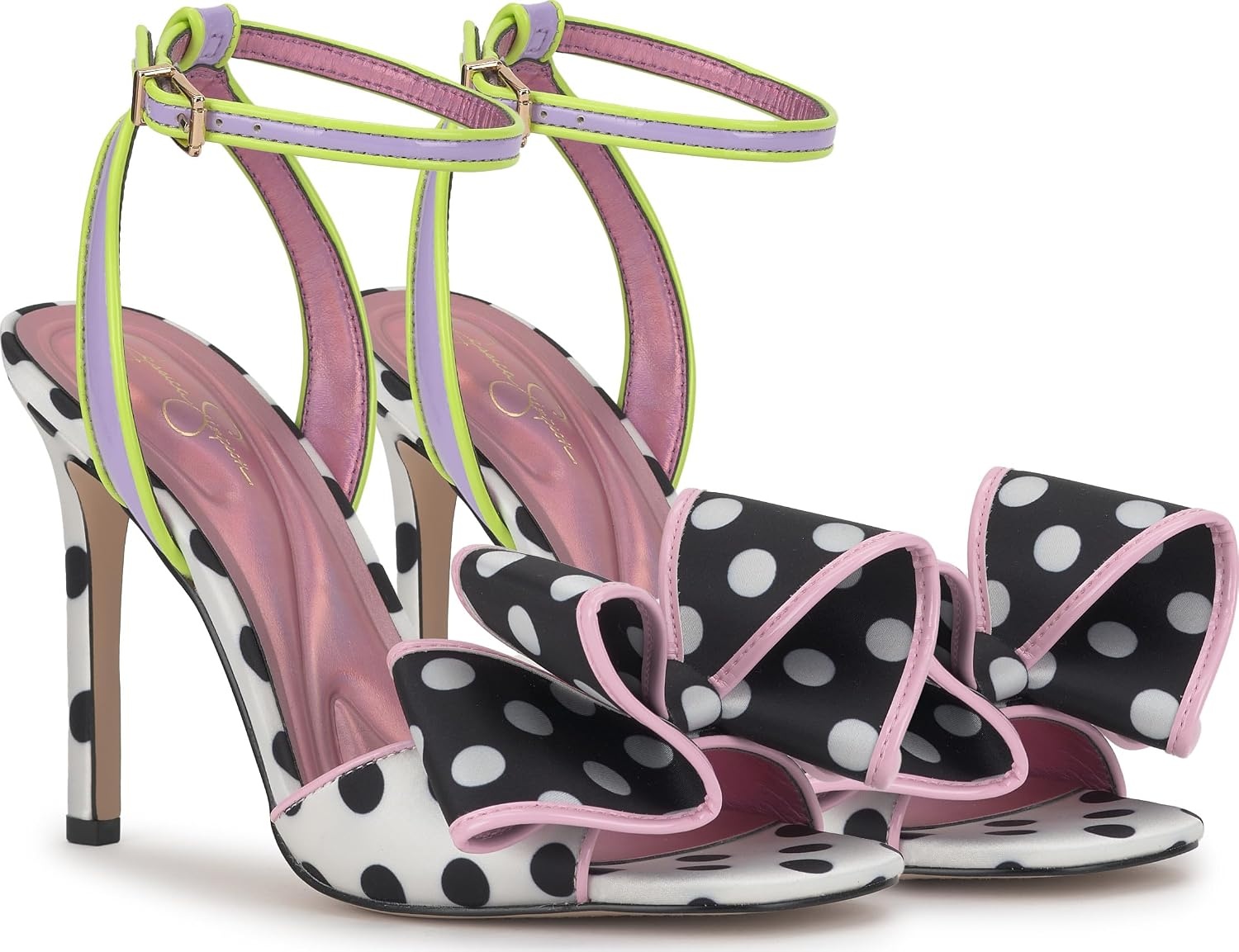 image:imageJessica Simpson Womens Olivine Bow Heeled SandalBlackWhiteLilac Satin