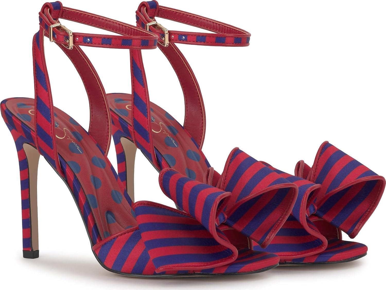image:imageJessica Simpson Womens Olivine Bow Heeled SandalBlue Red Combo Stripe Satin