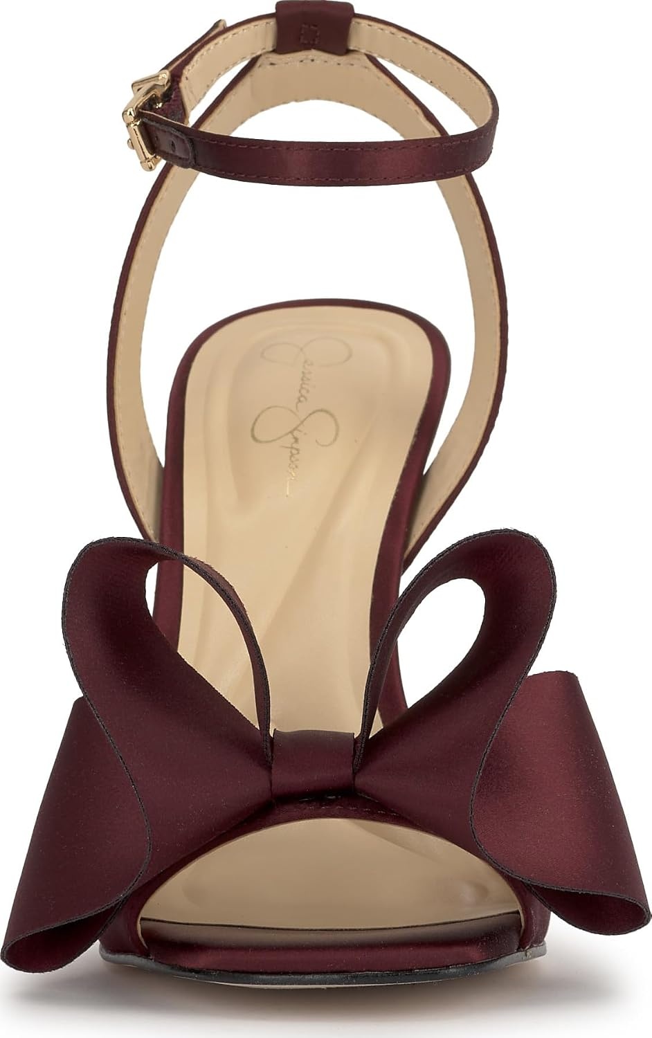 image:imageJessica Simpson Womens Olivine Bow Heeled SandalDark Cherry Matte Satin