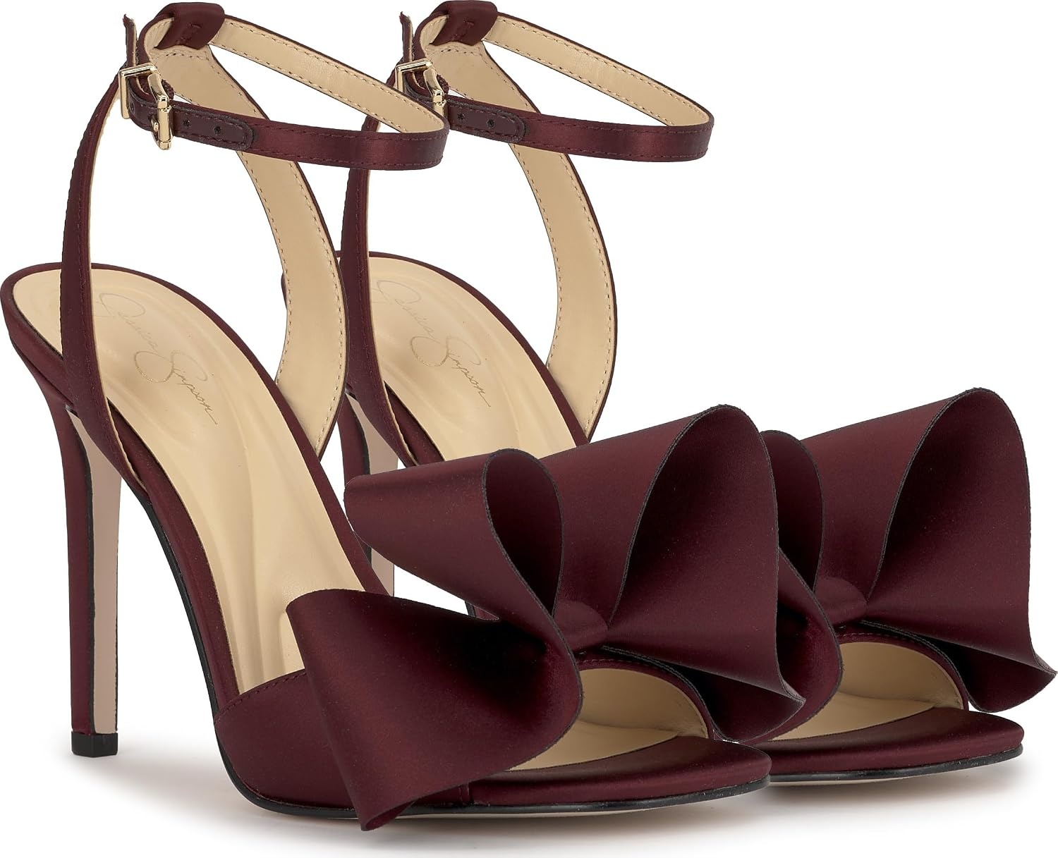 image:imageJessica Simpson Womens Olivine Bow Heeled SandalDark Cherry Matte Satin