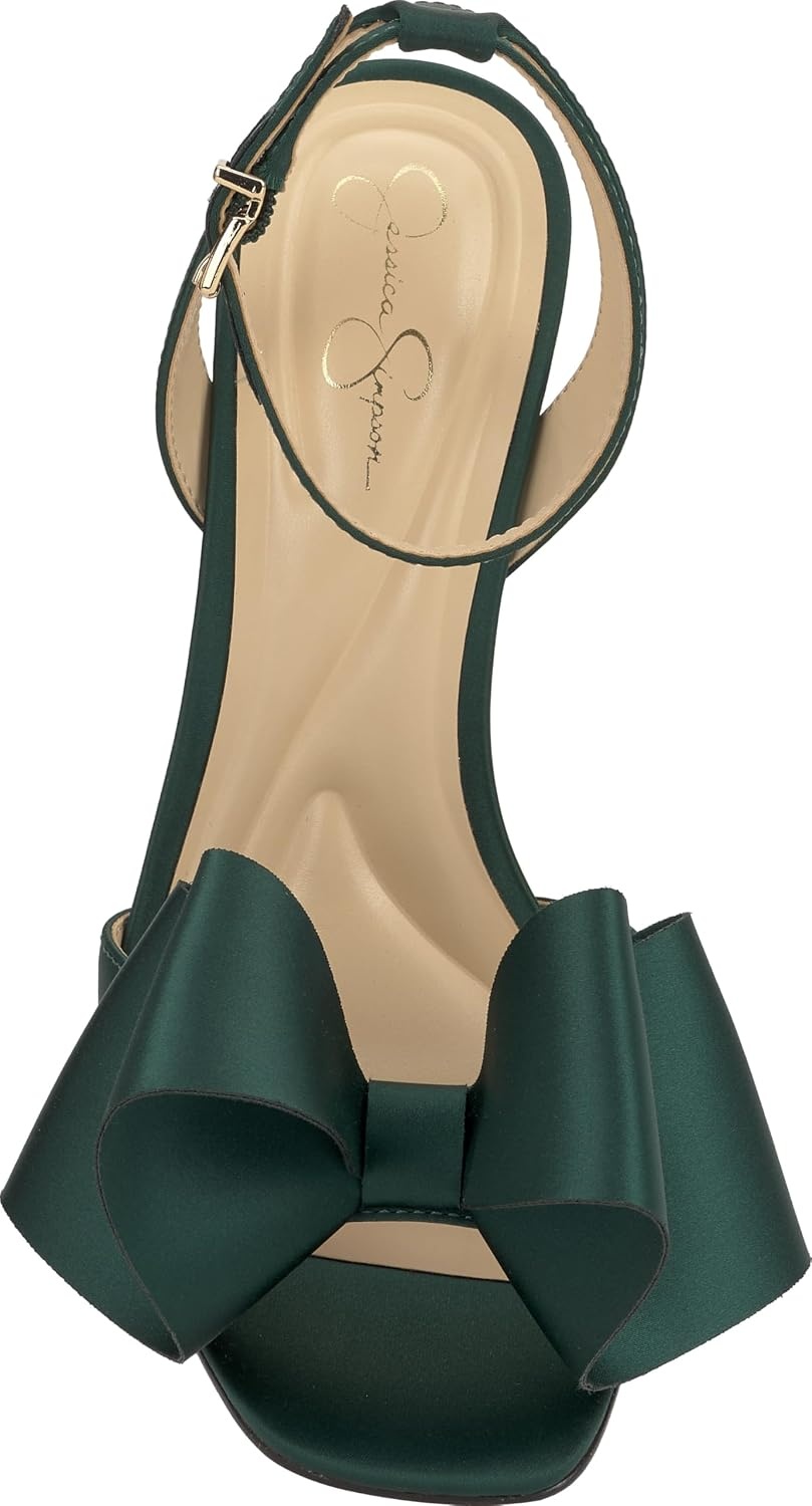 image:imageJessica Simpson Womens Olivine Bow Heeled SandalDark Pine Matte Satin