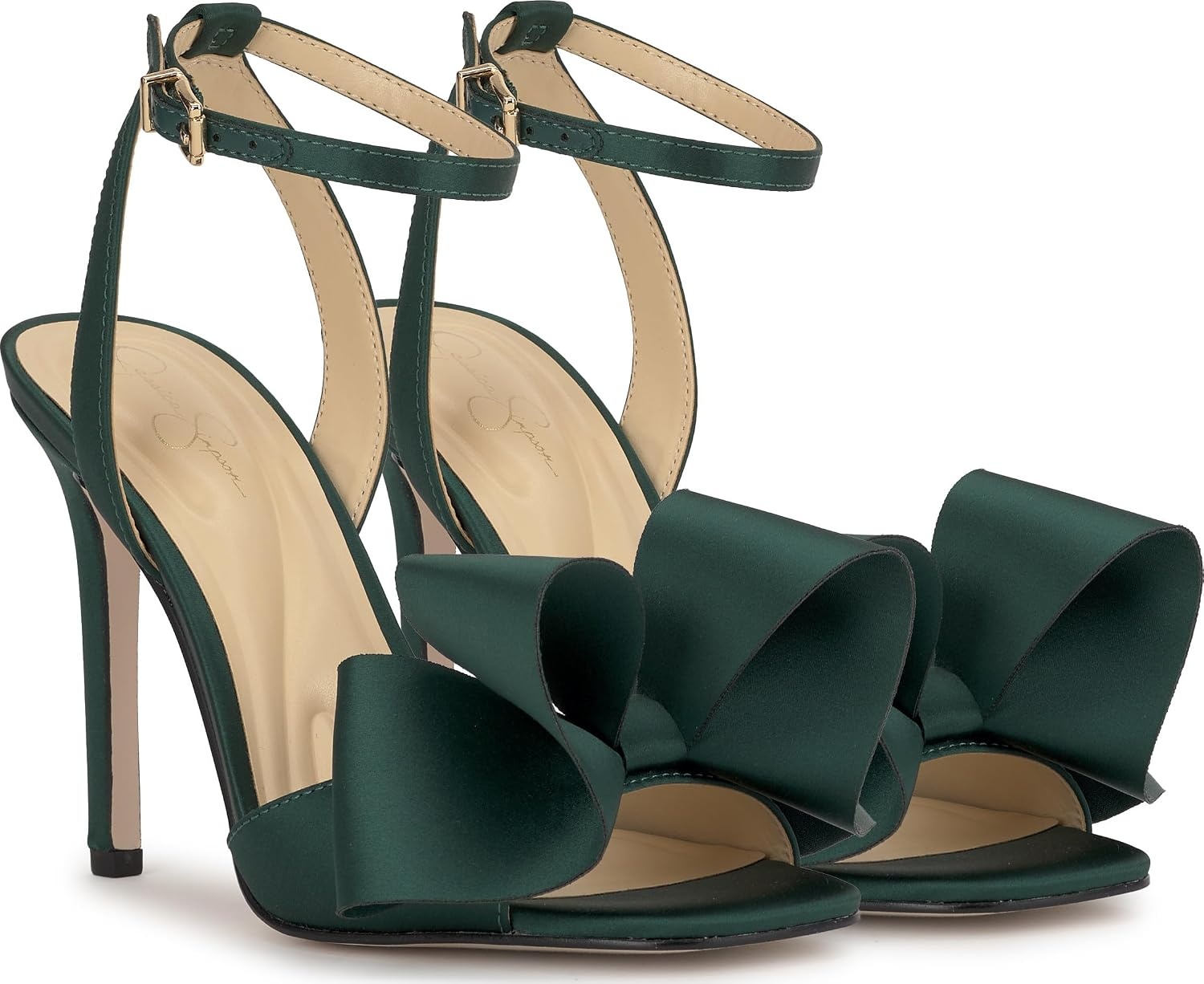 image:imageJessica Simpson Womens Olivine Bow Heeled SandalDark Pine Matte Satin