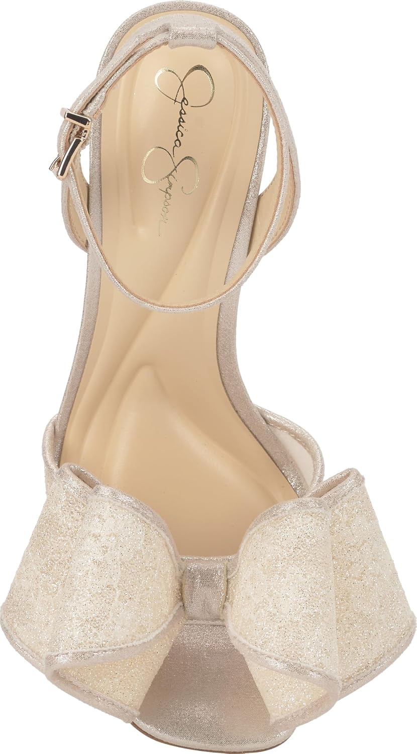 image:imageJessica Simpson Womens Olivine Bow Heeled SandalPale Champagne Sparkle Lace