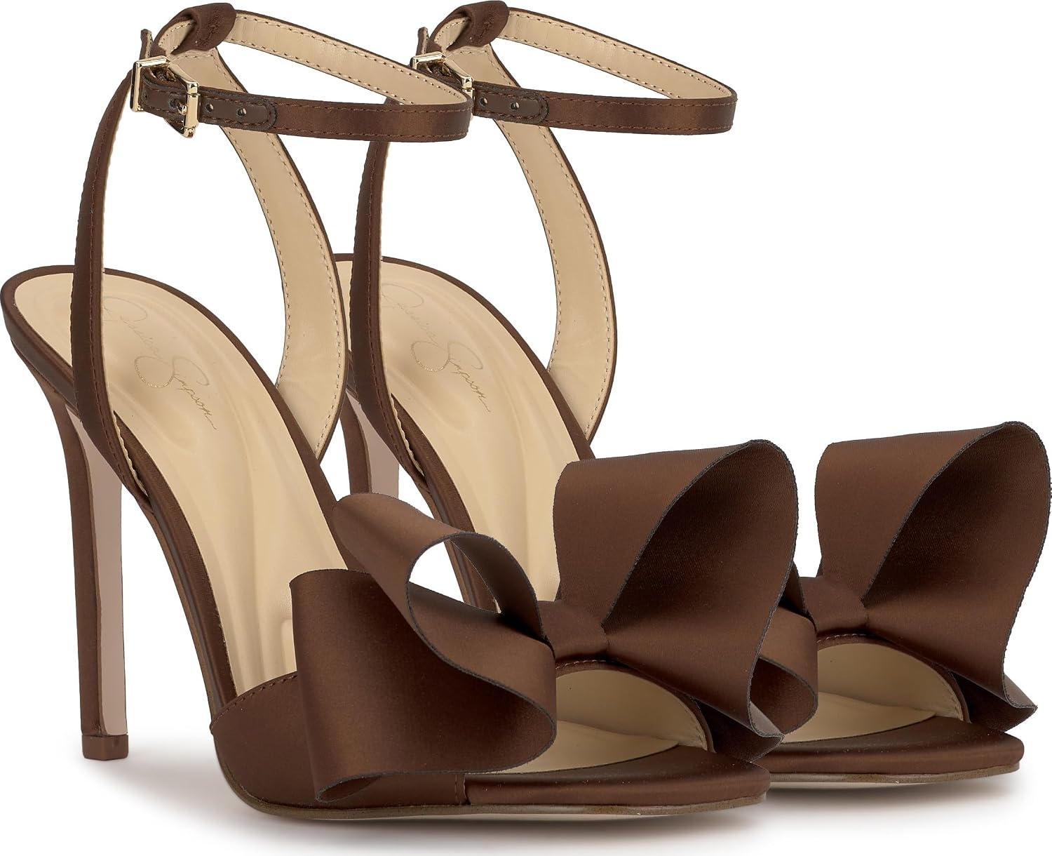 image:imageJessica Simpson Womens Olivine Bow Heeled SandalToasted Pecan Matte Satin