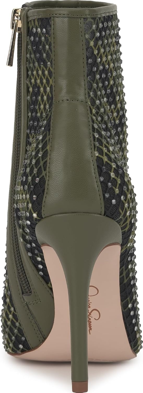 image:imageJessica Simpson Womens Pazra Embellished Stiletto BootieDeep Moss Combo Camo Fishnet