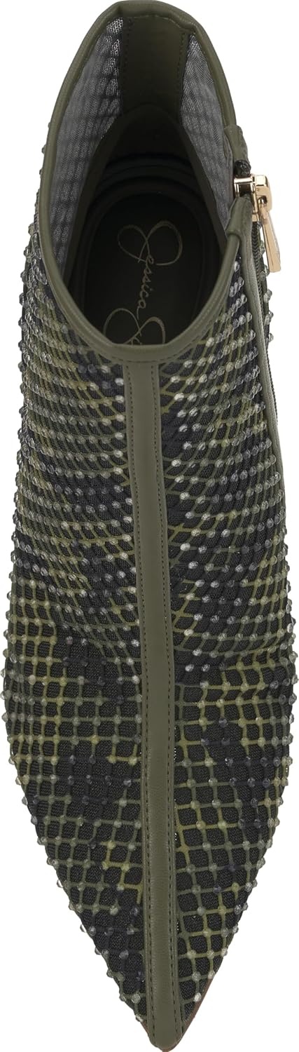 image:imageJessica Simpson Womens Pazra Embellished Stiletto BootieDeep Moss Combo Camo Fishnet