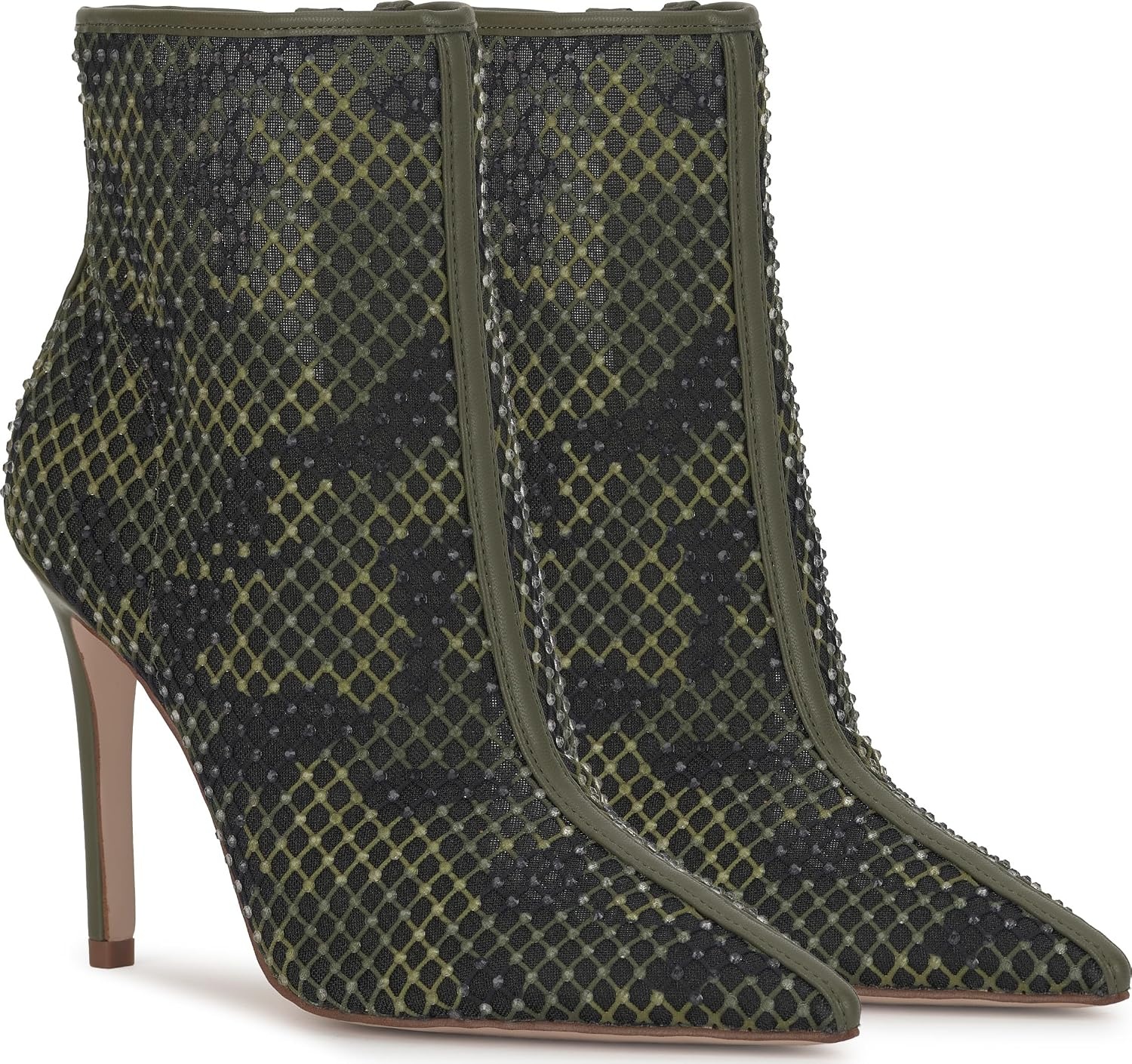 image:imageJessica Simpson Womens Pazra Embellished Stiletto BootieDeep Moss Combo Camo Fishnet