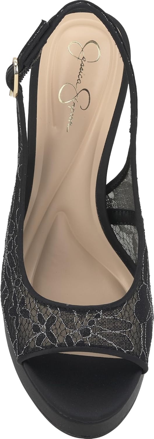 image:imageJessica Simpson Womens Sibilla Slingback Platform PumpBlackPewter Lurex Lace