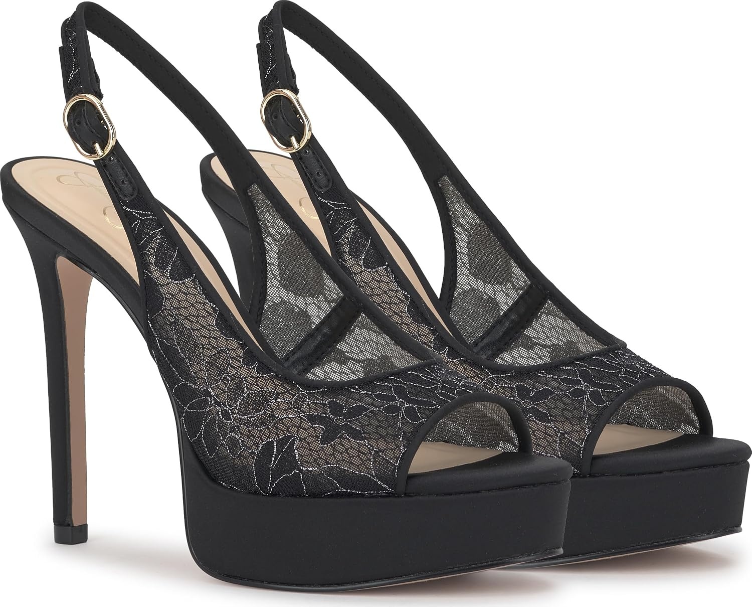 image:imageJessica Simpson Womens Sibilla Slingback Platform PumpBlackPewter Lurex Lace