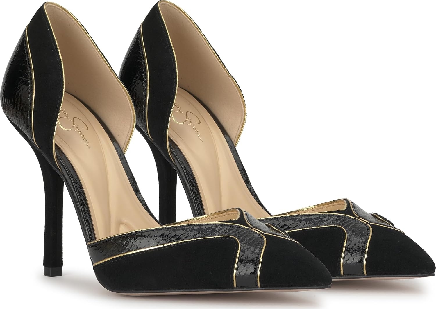 image:imageJessica Simpson Womens Vuley Pointed Toe DOrsay PumpBlackGold Suede