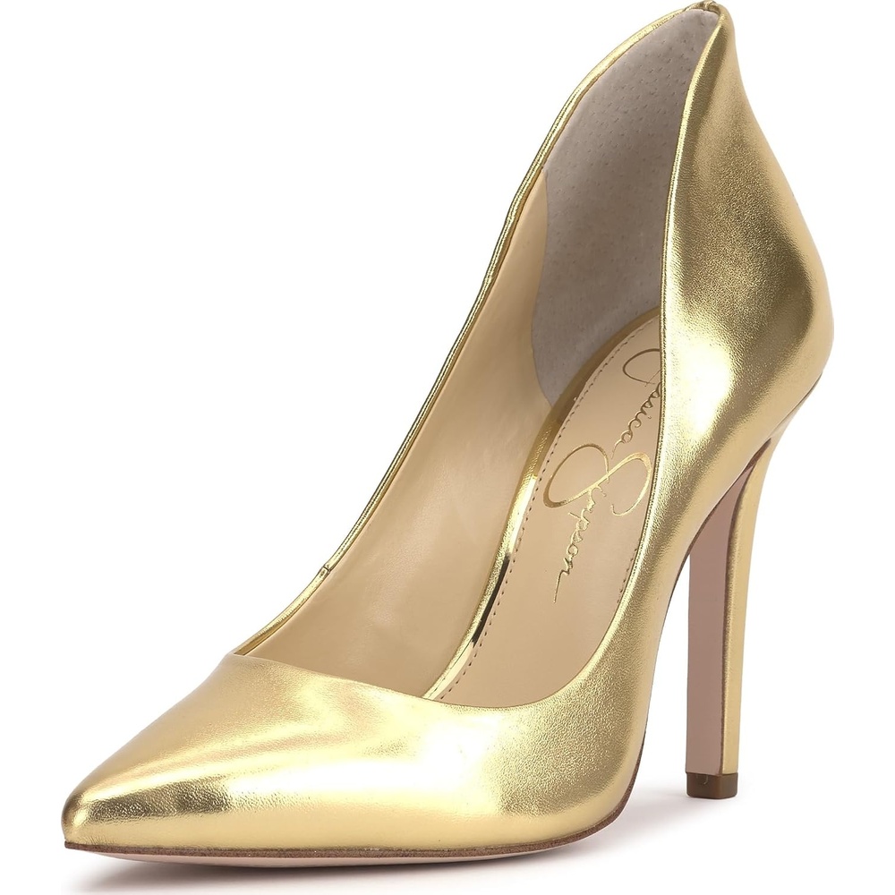 image:imageJessica Simpson Womens Cambredge Pointed Toe Pump Dress Black 75Gold Metallic Nappa Pu