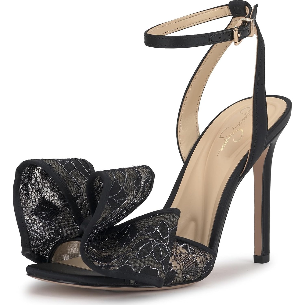 image:imageJessica Simpson Womens Olivine Bow Heeled SandalBlackPewter Lurex Lace